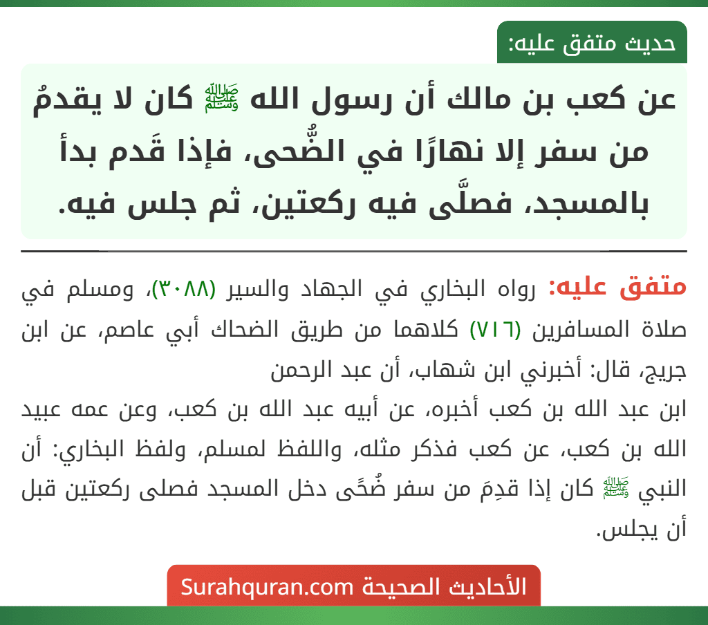عن كعب بن مالك أن رسول الله ﷺ كان لا يقدمُ من سفر إلا نهارًا في الضُّحى، فإذا قَدم بدأ بالمسجد، فصلَّى فيه ركعتين، ثم جلس فيه.