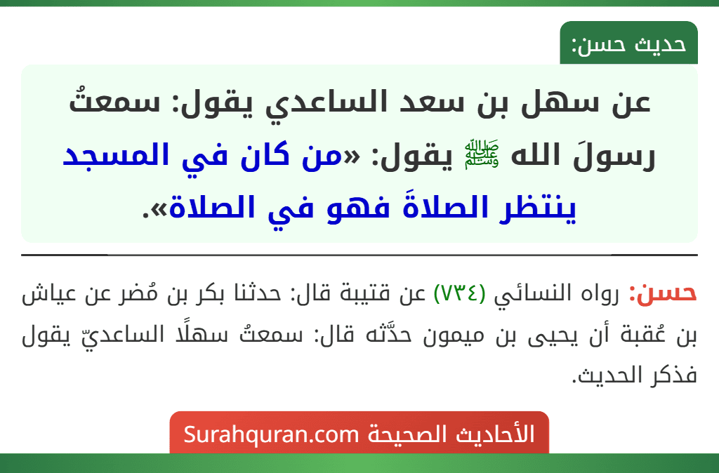 عن سهل بن سعد الساعدي يقول: سمعتُ رسولَ الله ﷺ يقول: «من كان في المسجد ينتظر الصلاةَ فهو في الصلاة». عن سهل بن سعد الساعدي يقول: سمعتُ رسولَ الله ﷺ يقول: «من كان في المسجد ينتظر الصلاةَ فهو في الصلاة».