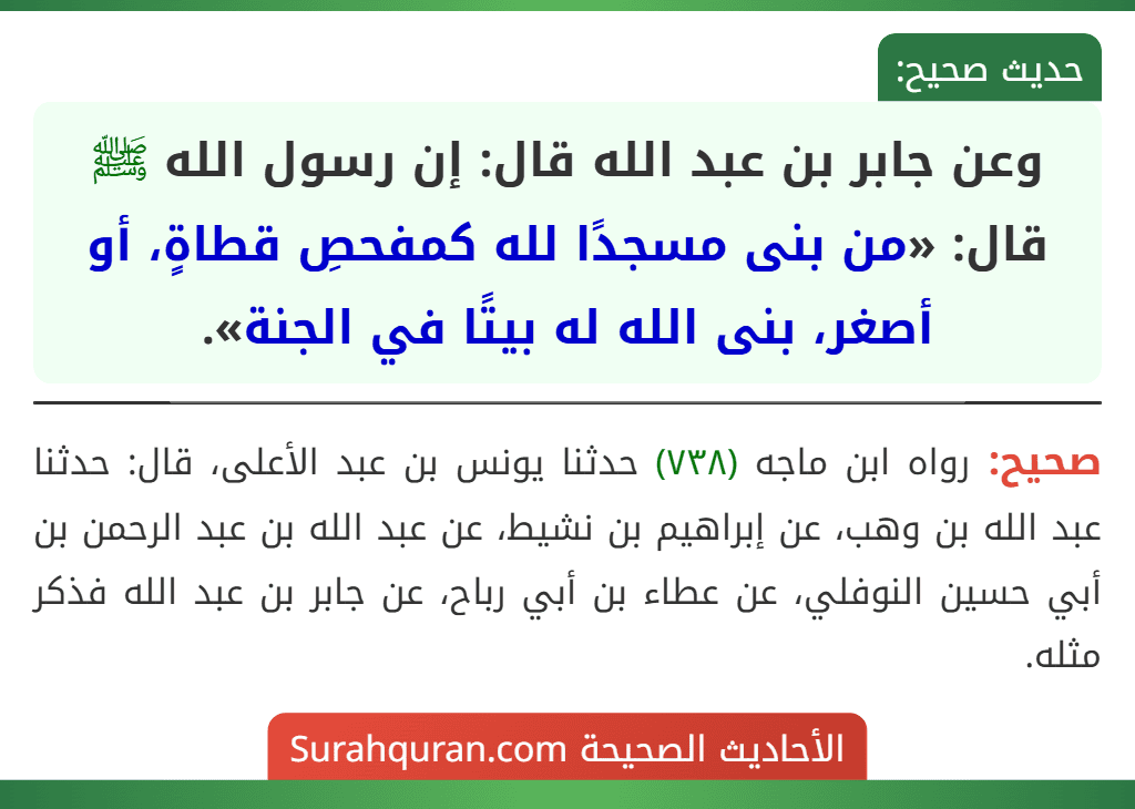 وعن جابر بن عبد الله قال: إن رسول الله ﷺ قال: «من بنى مسجدًا لله كمفحصِ قطاةٍ، أو أصغر، بنى الله له بيتًا في الجنة».