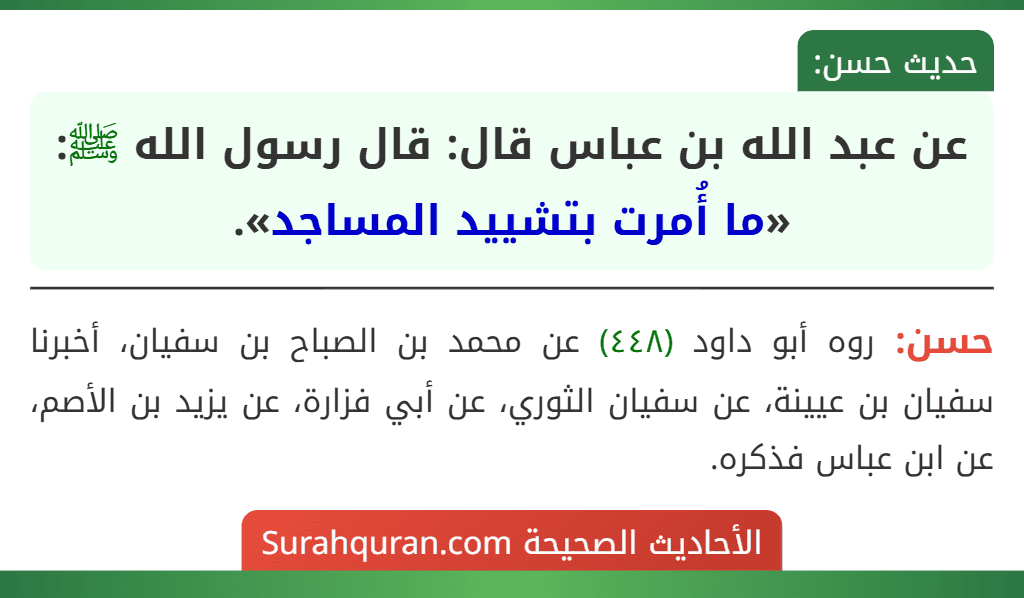 عن عبد الله بن عباس قال: قال رسول الله ﷺ: «ما أُمرت بتشييد المساجد».