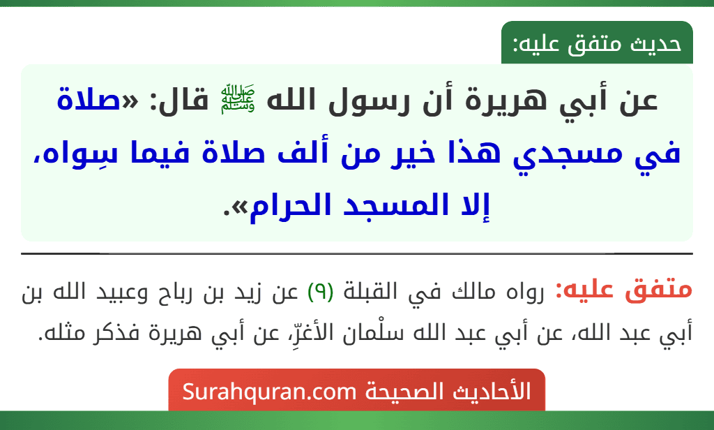 عن أبي هريرة أن رسول الله ﷺ قال: «صلاة في مسجدي هذا خير من ألف صلاة فيما سِواه، إلا المسجد الحرام». عن أبي هريرة أن رسول الله ﷺ قال: «صلاة في مسجدي هذا خير من ألف صلاة فيما سِواه، إلا المسجد الحرام».