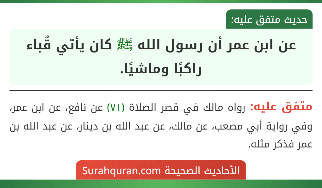 عن ابن عمر أن رسول الله ﷺ كان يأتي قُباء راكبًا وماشيًا. عن ابن عمر أن رسول الله ﷺ كان يأتي قُباء راكبًا وماشيًا.