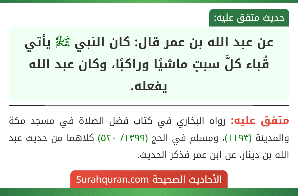 عن عبد الله بن عمر قال: كان النبي ﷺ يأتي قُباء كلَّ سبتٍ ماشيًا وراكبًا، وكان عبد الله يفعله.