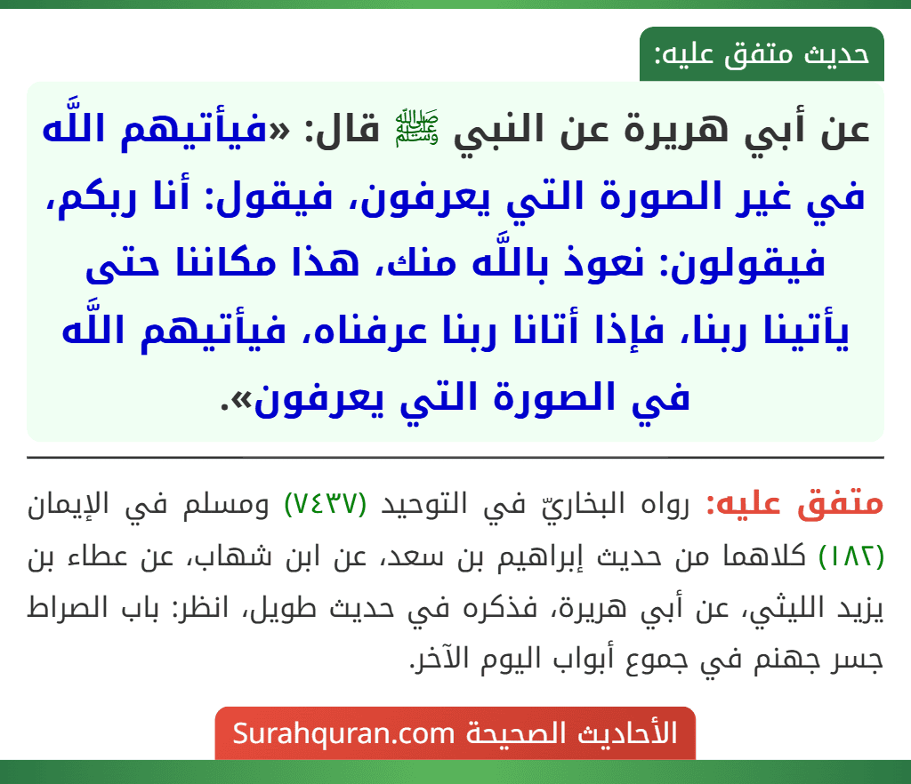 عن أبي هريرة عن النبي ﷺ قال: «فيأتيهم اللَّه في غير الصورة التي يعرفون، فيقول: أنا ربكم، فيقولون: نعوذ باللَّه منك، هذا مكاننا حتى يأتينا ربنا، فإذا أتانا ربنا عرفناه، فيأتيهم اللَّه في الصورة التي يعرفون».
