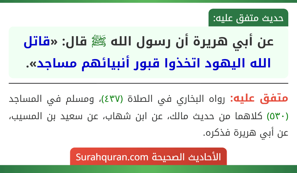 عن أبي هريرة أن رسول الله ﷺ قال: «قاتل الله اليهود اتخذوا قبور أنبيائهم مساجد».