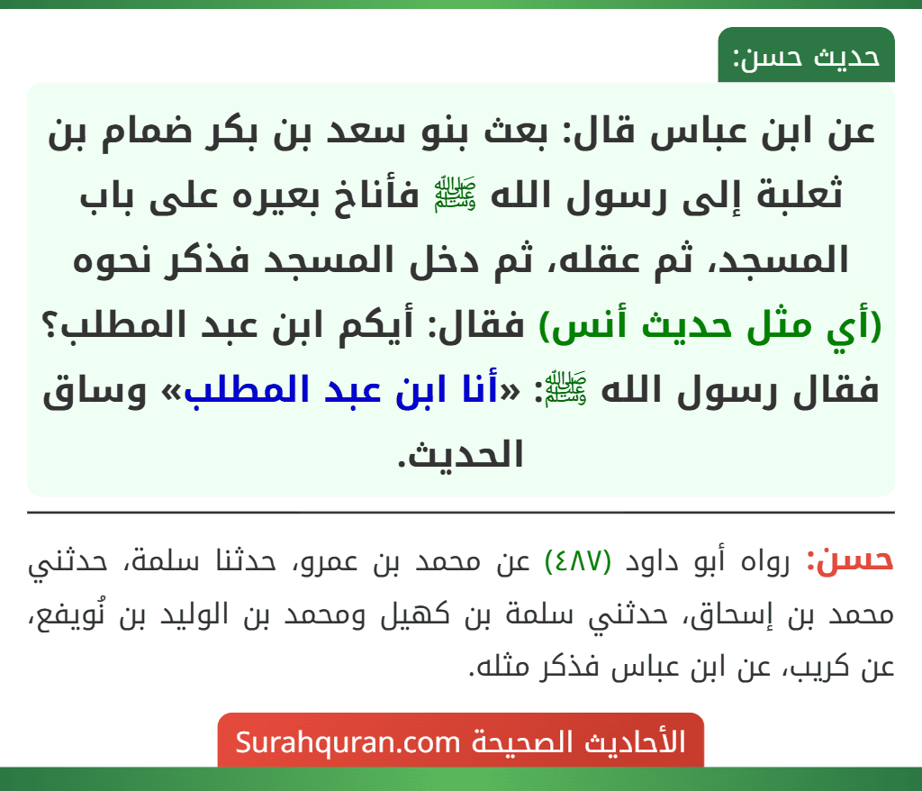 عن ابن عباس قال: بعث بنو سعد بن بكر ضمام بن ثعلبة إلى رسول الله ﷺ فأناخ بعيره على باب المسجد، ثم عقله، ثم دخل المسجد فذكر نحوه (أي مثل حديث أنس) فقال: أيكم ابن عبد المطلب؟ فقال رسول الله ﷺ: «أنا ابن عبد المطلب» وساق الحديث. عن ابن عباس قال: بعث بنو سعد بن بكر ضمام بن ثعلبة إلى رسول الله ﷺ فأناخ بعيره على باب المسجد، ثم عقله، ثم دخل المسجد فذكر نحوه (أي مثل حديث أنس) فقال: أيكم ابن عبد المطلب؟ فقال رسول الله ﷺ: «أنا ابن عبد المطلب» وساق الحديث.