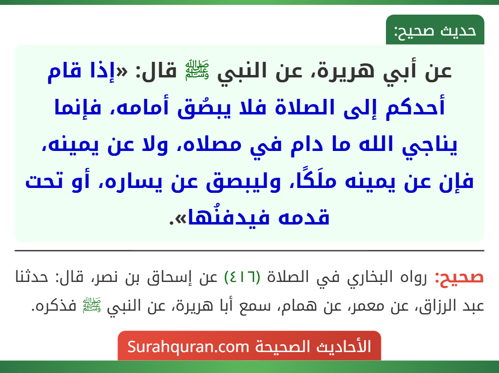 عن أبي هريرة، عن النبي ﷺ قال: «إذا قام أحدكم إلى الصلاة فلا يبصُق أمامه، فإنما يناجي الله ما دام في مصلاه، ولا عن يمينه، فإن عن يمينه ملَكًا، وليبصق عن يساره، أو تحت قدمه فيدفنُها».