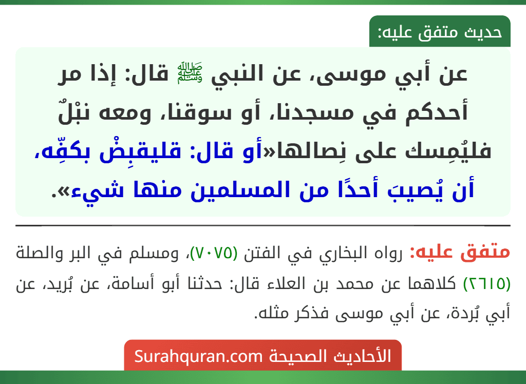 عن أبي موسى، عن النبي ﷺ قال: إذا مر أحدكم في مسجدنا، أو سوقنا، ومعه نبْلٌ فليُمِسك على نِصالها«أو قال: قليقبِضْ بكفِّه، أن يُصيبَ أحدًا من المسلمين منها شيء».