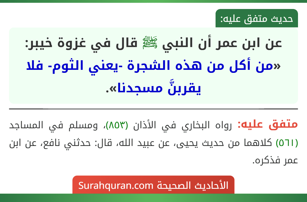عن ابن عمر أن النبي ﷺ قال في غزوة خيبر: «من أكل من هذه الشجرة -يعني الثوم- فلا يقربنَّ مسجدنا».