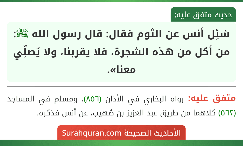 سُئِل أنس عن الثوم فقال: قال رسول الله ﷺ: من أكل من هذه الشجرة، فلا يقربنا، ولا يُصلِّي معنا».