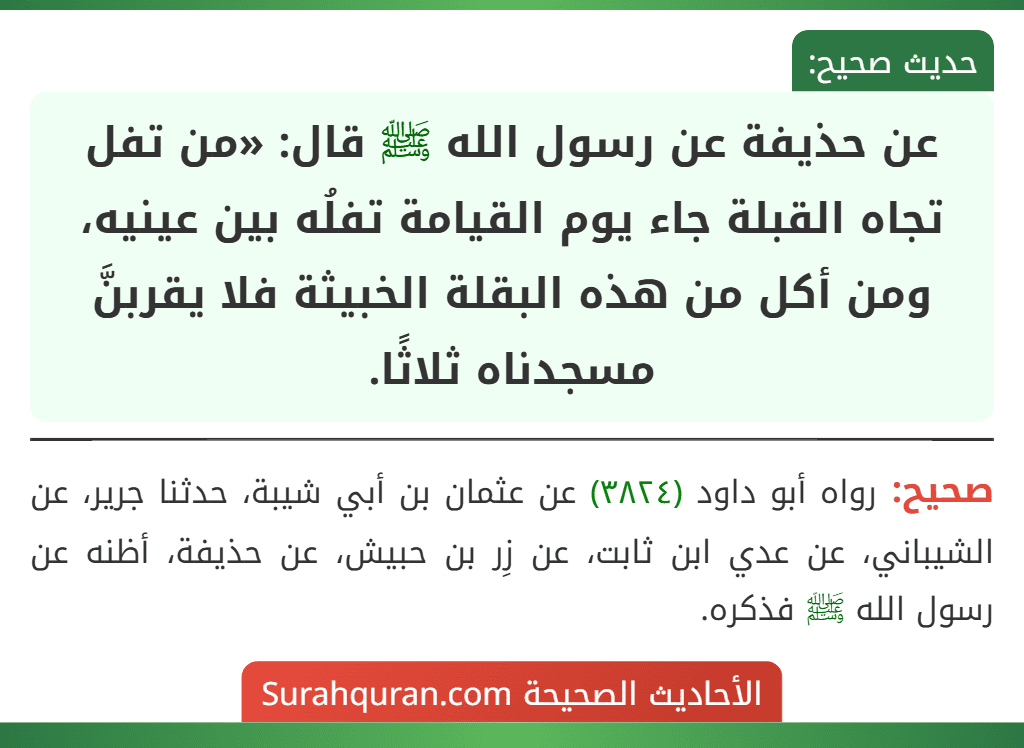 عن حذيفة عن رسول الله ﷺ قال: «من تفل تجاه القبلة جاء يوم القيامة تفلُه بين عينيه، ومن أكل من هذه البقلة الخبيثة فلا يقربنَّ مسجدناه ثلاثًا. عن حذيفة عن رسول الله ﷺ قال: «من تفل تجاه القبلة جاء يوم القيامة تفلُه بين عينيه، ومن أكل من هذه البقلة الخبيثة فلا يقربنَّ مسجدناه ثلاثًا.