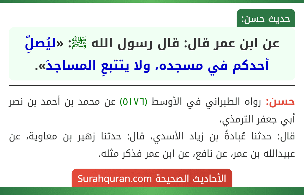 عن ابن عمر قال: قال رسول الله ﷺ: «ليُصلِّ أحدكم في مسجده، ولا يتتبعِ المساجدَ». عن ابن عمر قال: قال رسول الله ﷺ: «ليُصلِّ أحدكم في مسجده، ولا يتتبعِ المساجدَ».
