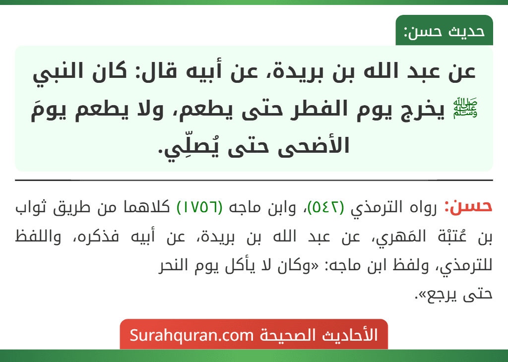 عن عبد الله بن بريدة، عن أبيه قال: كان النبي ﷺ يخرج يوم الفطر حتى يطعم، ولا يطعم يومَ الأضحى حتى يُصلِّي.