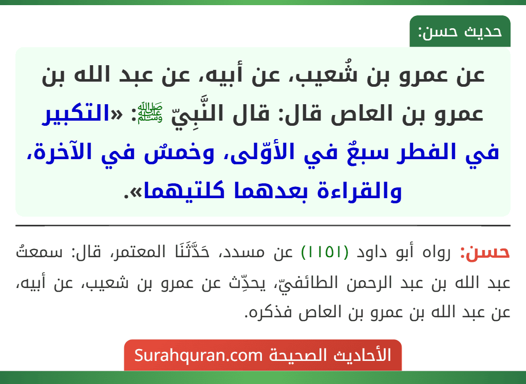 عن عمرو بن شُعيب، عن أبيه، عن عبد الله بن عمرو بن العاص قال: قال النَّبِيّ ﷺ: «التكبير في الفطر سبعٌ في الأوّلى، وخمسٌ في الآخرة، والقراءة بعدهما كلتيهما».