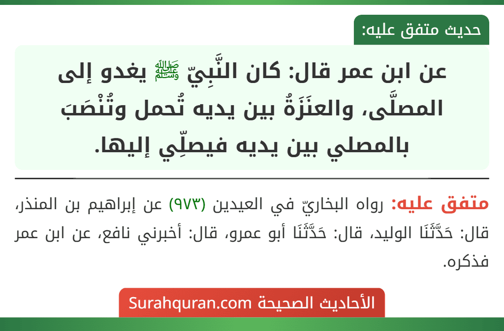 عن ابن عمر قال: كان النَّبِيّ ﷺ يغدو إلى المصلَّى، والعنَزَةُ بين يديه تُحمل وتُنْصَبَ بالمصلي بين يديه فيصلِّي إليها. عن ابن عمر قال: كان النَّبِيّ ﷺ يغدو إلى المصلَّى، والعنَزَةُ بين يديه تُحمل وتُنْصَبَ بالمصلي بين يديه فيصلِّي إليها.