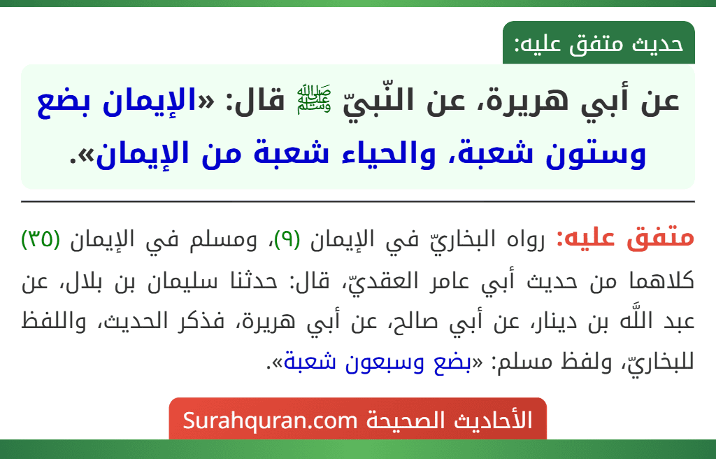 عن أبي هريرة، عن النّبيّ ﷺ قال: «الإيمان بضع وستون شعبة، والحياء شعبة من الإيمان». عن أبي هريرة، عن النّبيّ ﷺ قال: «الإيمان بضع وستون شعبة، والحياء شعبة من الإيمان».