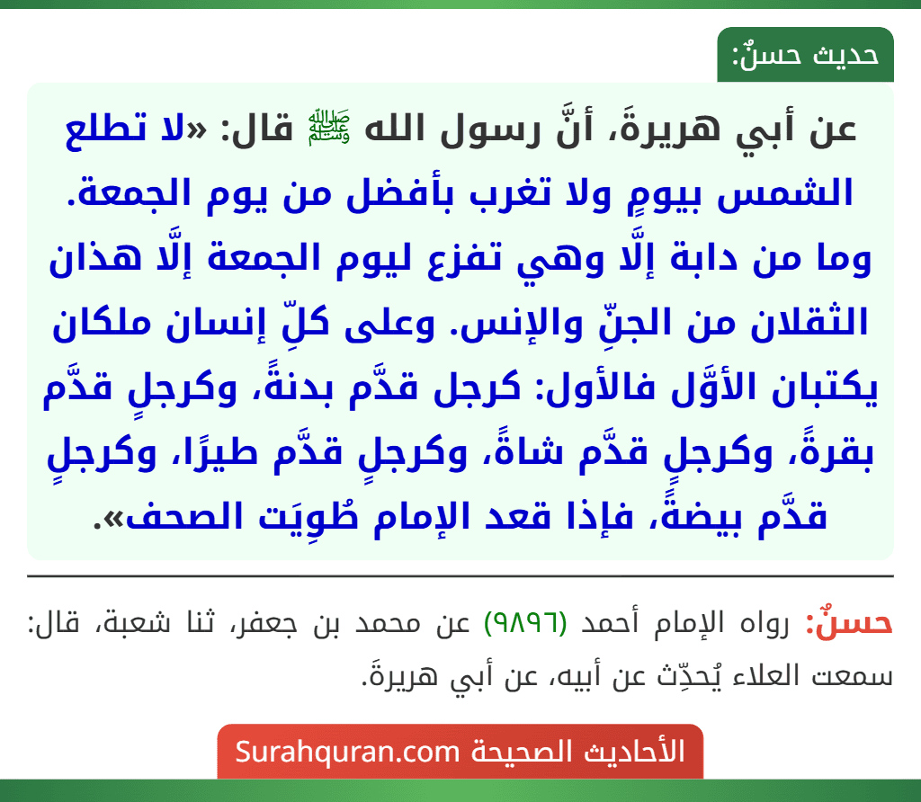 عن أبي هريرةَ، أنَّ رسول الله ﷺ قال: «لا تطلع الشمس بيومٍ ولا تغرب بأفضل من يوم الجمعة. وما من دابة إلَّا وهي تفزع ليوم الجمعة إلَّا هذان الثقلان من الجنِّ والإنس. وعلى كلِّ إنسان ملكان يكتبان الأوَّل فالأول: كرجل قدَّم بدنةً، وكرجلٍ قدَّم بقرةً، وكرجلٍ قدَّم شاةً، وكرجلٍ قدَّم طيرًا، وكرجلٍ قدَّم بيضةً، فإذا قعد الإمام طُوِيَت الصحف».