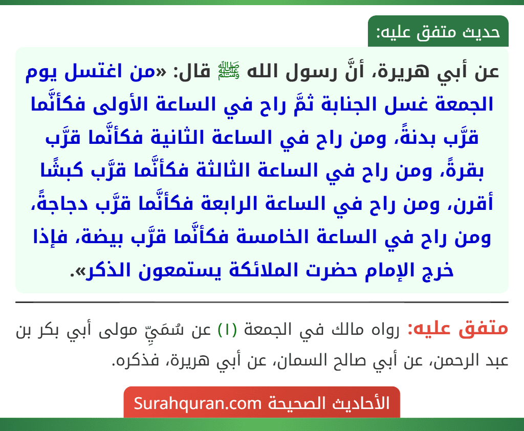 عن أبي هريرة، أنَّ رسول الله ﷺ قال: «من اغتسل يوم الجمعة غسل الجنابة ثمَّ راح في الساعة الأولى فكأنَّما قرَّب بدنةً، ومن راح في الساعة الثانية فكأنَّما قرَّب بقرةً، ومن راح في الساعة الثالثة فكأنَّما قرَّب كبشًا أقرن، ومن راح في الساعة الرابعة فكأنَّما قرَّب دجاجةً، ومن راح في الساعة الخامسة فكأنَّما قرَّب بيضة، فإذا خرج الإمام حضرت الملائكة يستمعون الذكر».
