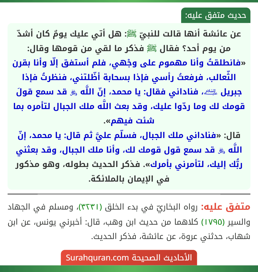 عن عائشة أنها قالت للنبيّ ﷺ: هل أتي عليك يومٌ كان أشدّ من يوم أحد؟ فقال ﷺ فذكر ما لقي من قومها وقال: «فانطلقتُ وأنا مهموم على وجْهي، فلم أستفق إلّا وأنا بقرن الثّعالب، فرفعتُ رأسي فإذا بسحابة أظّلتني، فنظرتُ فإذا جبريل ﵇، فناداني فقال: يا محمد، إنّ اللَّه ﷿ قد سمع قولَ قومك لك وما ردّوا عليك، وقد بعث اللَّه ملك الجبال لتأمره بما شئت فيهم».
قال: «فناداني ملك الجبال، فسلّم عليَّ ثم قال: يا محمد، إنّ اللَّه ﷿ قد سمع قول قومك لك، وأنا ملك الجبال، وقد بعثني ربُّك إليك، لتأمرني بأمرك». فذكر الحديث بطوله، وهو مذكور في الإيمان بالملائكة.