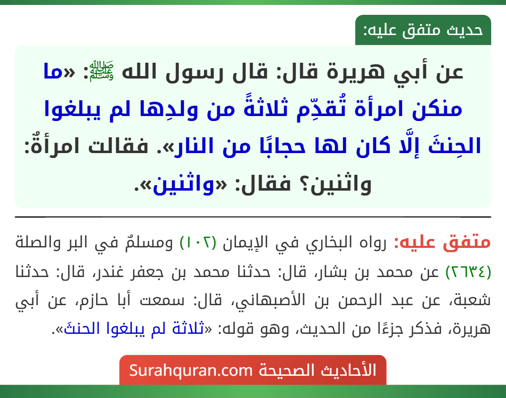 عن أبي هريرة قال: قال رسول الله ﷺ: «ما منكن امرأة تُقدِّم ثلاثةً من ولدِها لم يبلغوا الحِنثَ إلَّا كان لها حجابًا من النار». فقالت امرأةٌ: واثنين؟ فقال: «واثنين».