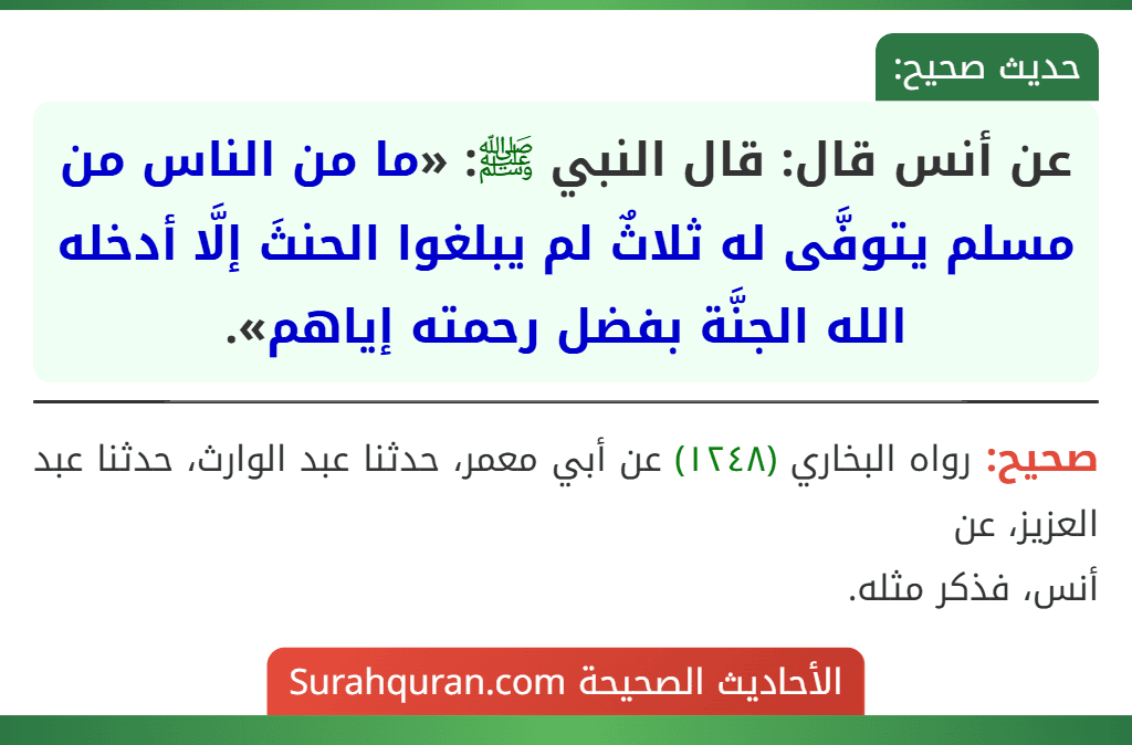 عن أنس قال: قال النبي ﷺ: «ما من الناس من مسلم يتوفَّى له ثلاثٌ لم يبلغوا الحنثَ إلَّا أدخله الله الجنَّة بفضل رحمته إياهم».