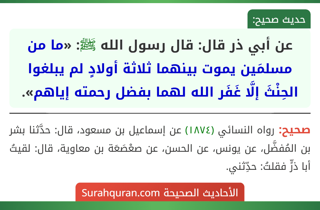 عن أبي ذر قال: قال رسول الله ﷺ: «ما من مسلمَين يموت بينهما ثلاثة أولادٍ لم يبلغوا الحِنْثَ إلَّا غَفَر الله لهما بفضل رحمته إياهم».