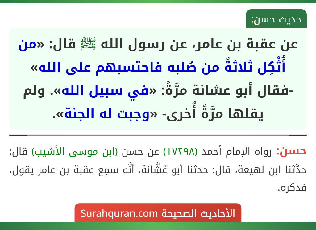 عن عقبة بن عامر، عن رسول الله ﷺ قال: «من أُثْكِل ثلاثةً من صُلبه فاحتسبهم على الله» -فقال أبو عشانة مرَّةً: «في سبيل الله». ولم يقلها مرَّةً أُخرى- «وجبت له الجنة».