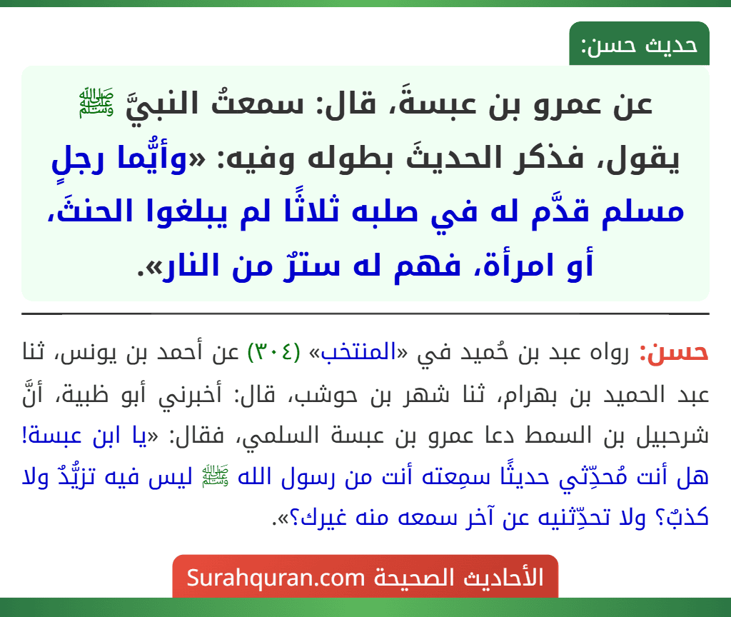 عن عمرو بن عبسةَ، قال: سمعتُ النبيَّ ﷺ يقول، فذكر الحديثَ بطوله وفيه: «وأيُّما رجلٍ مسلم قدَّم له في صلبه ثلاثًا لم يبلغوا الحنثَ، أو امرأة، فهم له سترٌ من النار».