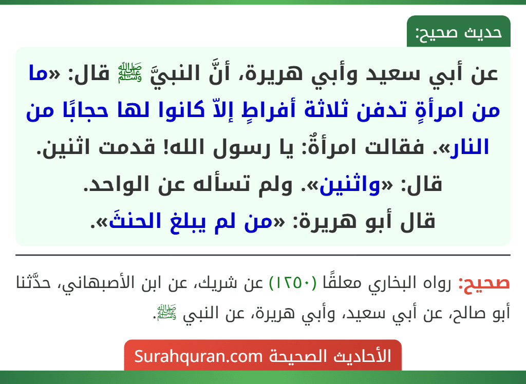 عن أبي سعيد وأبي هريرة، أنَّ النبيَّ ﷺ قال: «ما من امرأةٍ تدفن ثلاثة أفراطٍ إلاّ كانوا لها حجابًا من النار». فقالت امرأةٌ: يا رسول الله! قدمت اثنين. قال: «واثنين». ولم تسأله عن الواحد.
قال أبو هريرة: «من لم يبلغ الحنثَ».