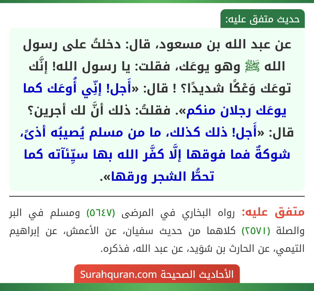 عن عبد الله بن مسعود، قال: دخلتُ على رسول الله ﷺ وهو يوعَك، فقلت: يا رسول الله! إنَّك توعَك وَعْكًا شديدًا؟ ! قال: «أَجل! إنِّي أُوعَك كما يوعَك رجلان منكم». فقلتُ: ذلك أنَّ لك أجرين؟ قال: «أَجل! ذلك كذلك، ما من مسلم يُصيبُه أذىً، شوكةٌ فما فوقها إلَّا كفَّر الله بها سيِّئآته كما تحطُّ الشجر ورقها».