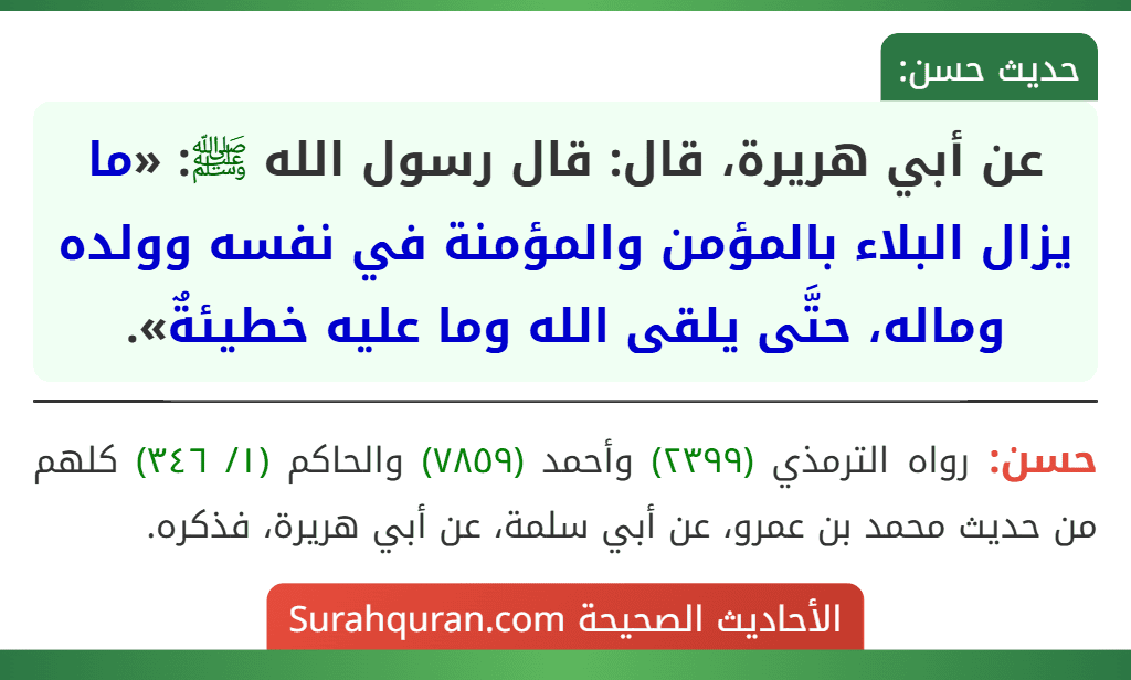 عن أبي هريرة، قال: قال رسول الله ﷺ: «ما يزال البلاء بالمؤمن والمؤمنة في نفسه وولده وماله، حتَّى يلقى الله وما عليه خطيئةٌ».