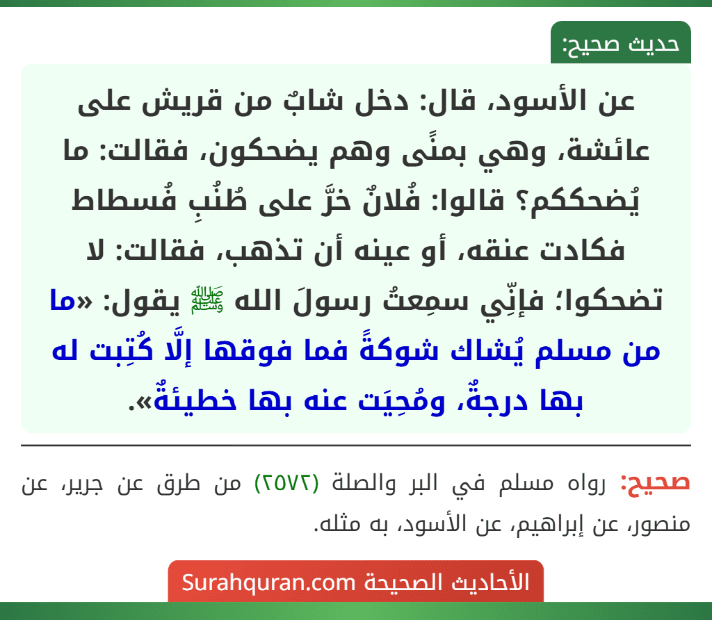 عن الأسود، قال: دخل شابٌ من قريش على عائشة، وهي بمنًى وهم يضحكون، فقالت: ما يُضحككم؟ قالوا: فُلانٌ خرَّ على طُنُبِ فُسطاط فكادت عنقه، أو عينه أن تذهب، فقالت: لا تضحكوا؛ فإنِّي سمِعتُ رسولَ الله ﷺ يقول: «ما من مسلم يُشاك شوكةً فما فوقها إلَّا كُتِبت له بها درجةٌ، ومُحِيَت عنه بها خطيئةٌ».