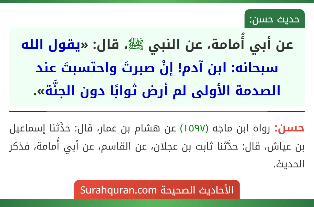 عن أبي أُمامة، عن النبي ﷺ، قال: «يقول الله سبحانه: ابن آدم! إنْ صبرتَ واحتسبتَ عند الصدمة الأولى لم أرض ثوابًا دون الجنَّة». عن أبي أُمامة، عن النبي ﷺ، قال: «يقول الله سبحانه: ابن آدم! إنْ صبرتَ واحتسبتَ عند الصدمة الأولى لم أرض ثوابًا دون الجنَّة».