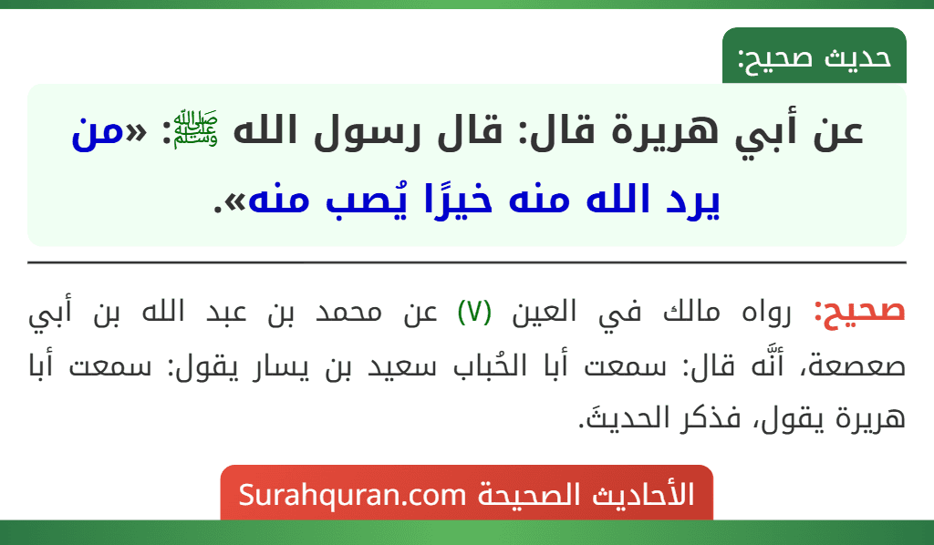 عن أبي هريرة قال: قال رسول الله ﷺ: «من يرد الله منه خيرًا يُصب منه».