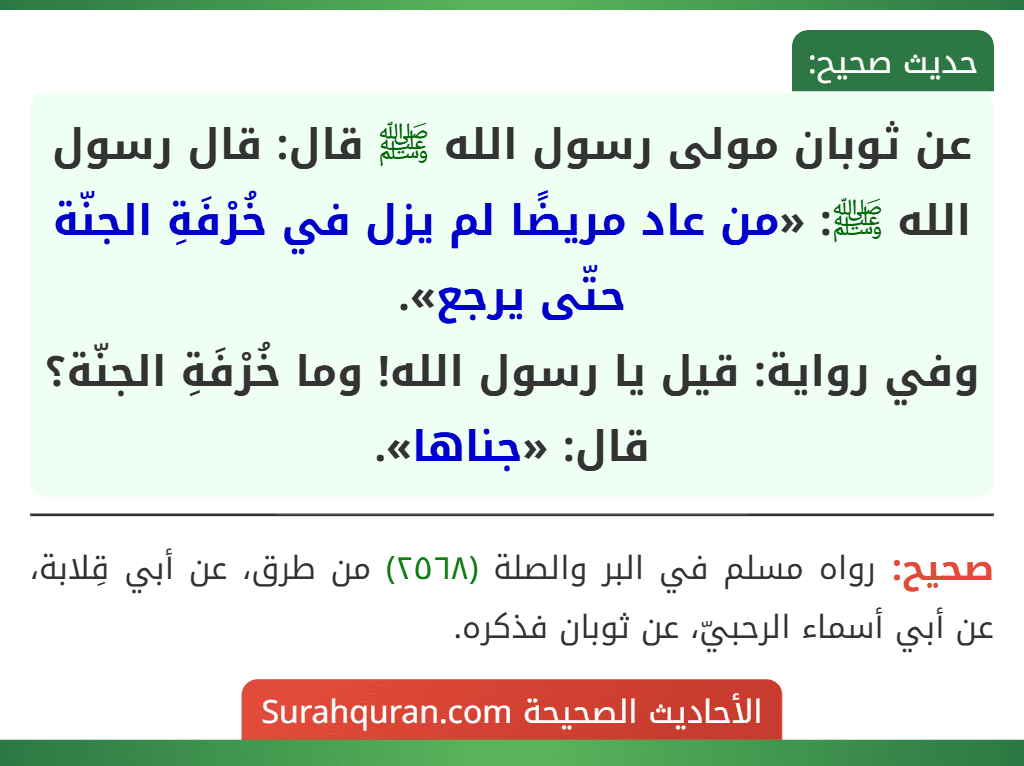عن ثوبان مولى رسول الله ﷺ قال: قال رسول الله ﷺ: «من عاد مريضًا لم يزل في خُرْفَةِ الجنّة حتّى يرجع».
وفي رواية: قيل يا رسول الله! وما خُرْفَةِ الجنّة؟ قال: «جناها». عن ثوبان مولى رسول الله ﷺ قال: قال رسول الله ﷺ: «من عاد مريضًا لم يزل في خُرْفَةِ الجنّة حتّى يرجع».
وفي رواية: قيل يا رسول الله! وما خُرْفَةِ الجنّة؟ قال: «جناها».