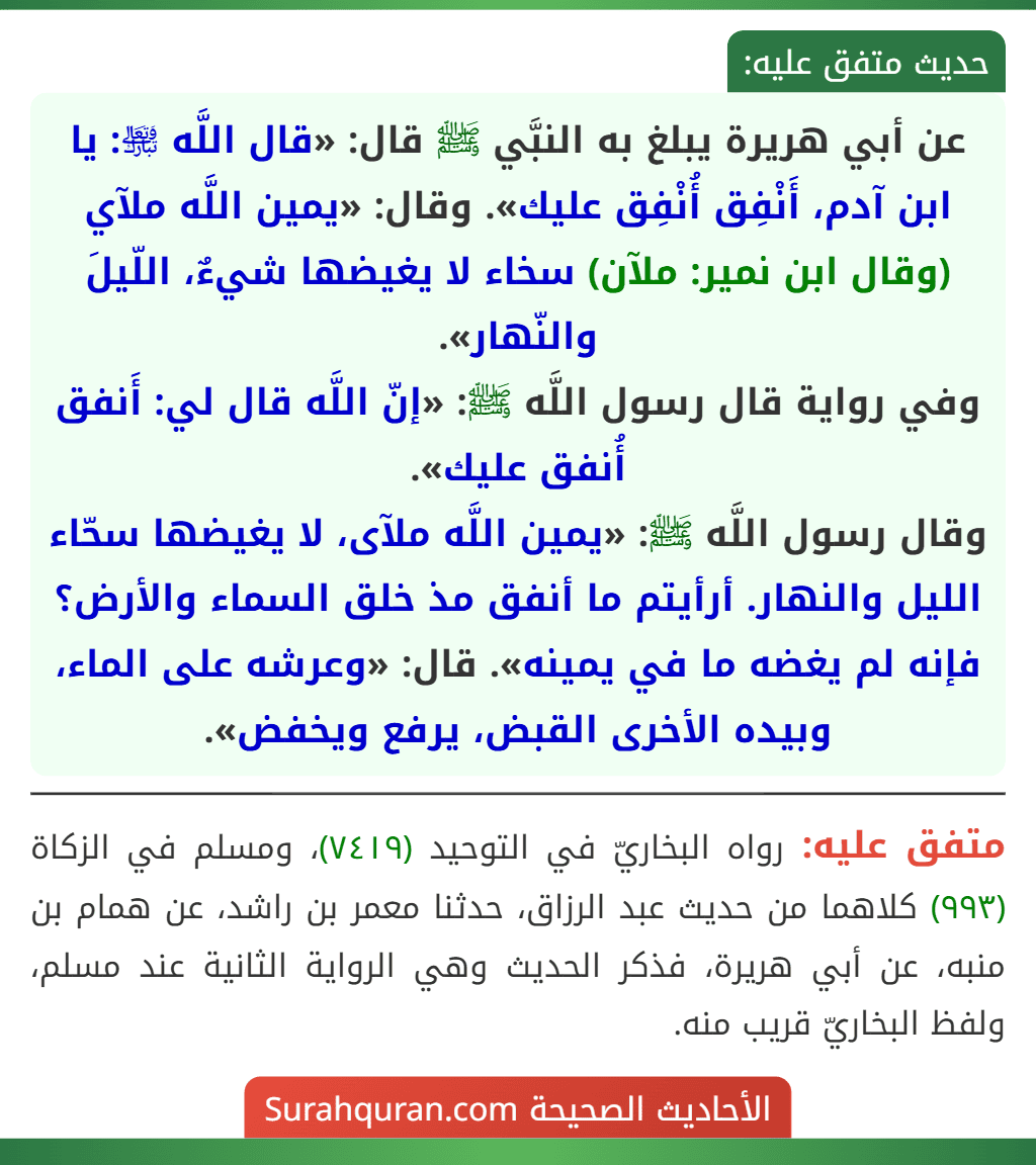 عن أبي هريرة يبلغ به النبَّي ﷺ قال: «قال اللَّه ﵎: يا ابن آدم، أَنْفِق أُنْفِق عليك». وقال: «يمين اللَّه ملآي (وقال ابن نمير: ملآن) سخاء لا يغيضها شيءٌ، اللّيلَ والنّهار».
وفي رواية قال رسول اللَّه ﷺ: «إنّ اللَّه قال لي: أَنفق أُنفق عليك».
وقال رسول اللَّه ﷺ: «يمين اللَّه ملآى، لا يغيضها سحّاء الليل والنهار. أرأيتم ما أنفق مذ خلق السماء والأرض؟ فإنه لم يغضه ما في يمينه». قال: «وعرشه على الماء، وبيده الأخرى القبض، يرفع ويخفض».