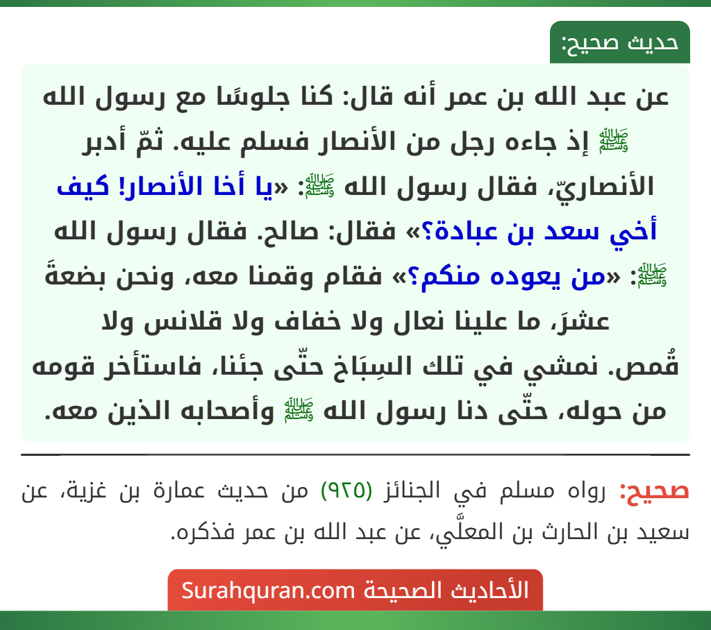 عن عبد الله بن عمر أنه قال: كنا جلوسًا مع رسول الله ﷺ إذ جاءه رجل من الأنصار فسلم عليه. ثمّ أدبر الأنصاريّ، فقال رسول الله ﷺ: «يا أخا الأنصار! كيف أخي سعد بن عبادة؟» فقال: صالح. فقال رسول الله ﷺ: «من يعوده منكم؟» فقام وقمنا معه، ونحن بضعةَ عشرَ، ما علينا نعال ولا خفاف ولا قلانس ولا
قُمص. نمشي في تلك السِبَاخ حتّى جئنا، فاستأخر قومه من حوله، حتّى دنا رسول الله ﷺ وأصحابه الذين معه. عن عبد الله بن عمر أنه قال: كنا جلوسًا مع رسول الله ﷺ إذ جاءه رجل من الأنصار فسلم عليه. ثمّ أدبر الأنصاريّ، فقال رسول الله ﷺ: «يا أخا الأنصار! كيف أخي سعد بن عبادة؟» فقال: صالح. فقال رسول الله ﷺ: «من يعوده منكم؟» فقام وقمنا معه، ونحن بضعةَ عشرَ، ما علينا نعال ولا خفاف ولا قلانس ولا
قُمص. نمشي في تلك السِبَاخ حتّى جئنا، فاستأخر قومه من حوله، حتّى دنا رسول الله ﷺ وأصحابه الذين معه.