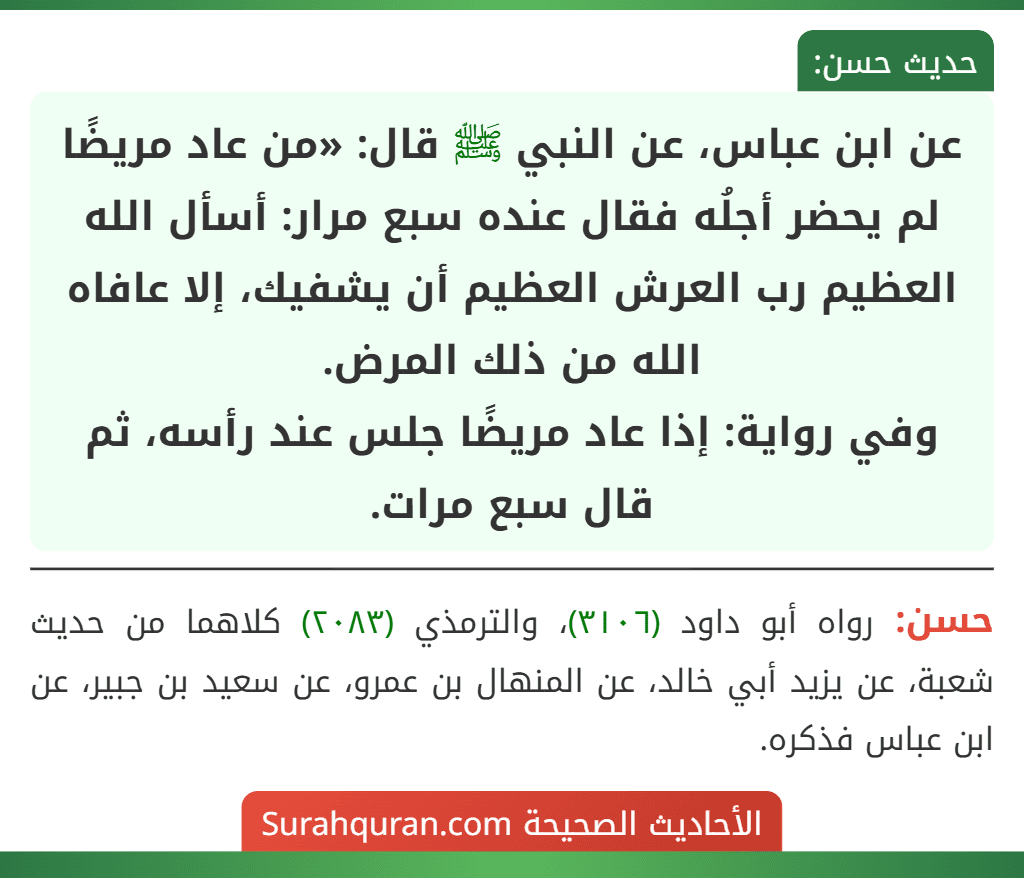 عن ابن عباس، عن النبي ﷺ قال: «من عاد مريضًا لم يحضر أجلُه فقال عنده سبع مرار: أسأل الله العظيم رب العرش العظيم أن يشفيك، إلا عافاه الله من ذلك المرض.
وفي رواية: إذا عاد مريضًا جلس عند رأسه، ثم قال سبع مرات.