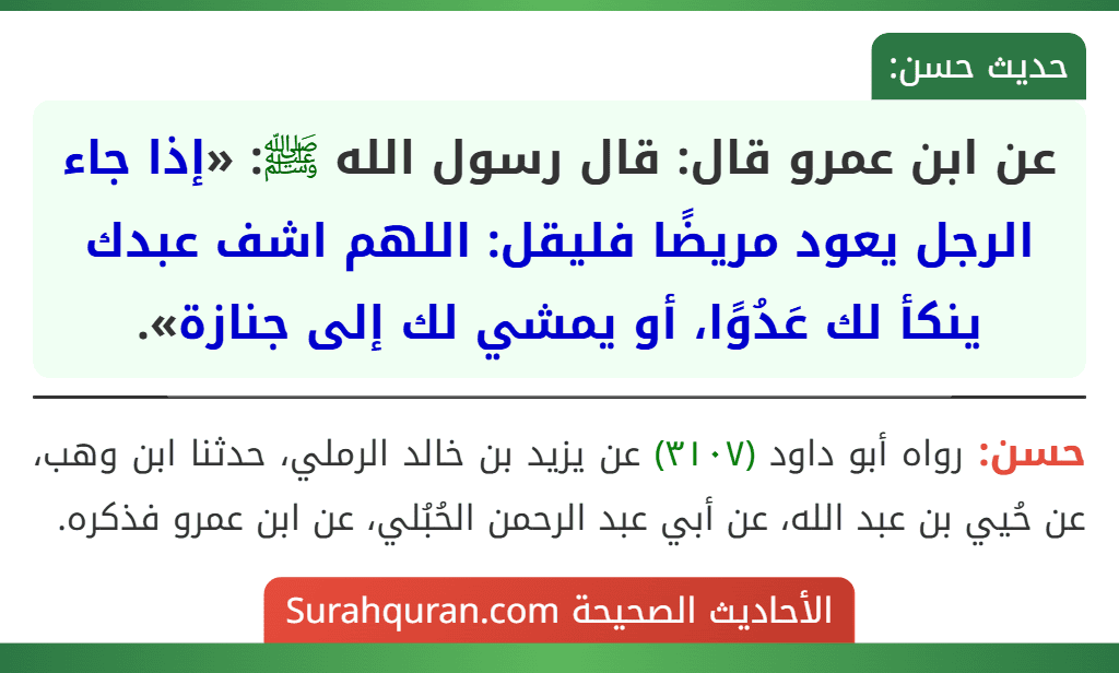 عن ابن عمرو قال: قال رسول الله ﷺ: «إذا جاء الرجل يعود مريضًا فليقل: اللهم اشف عبدك ينكأ لك عَدُوًا، أو يمشي لك إلى جنازة».