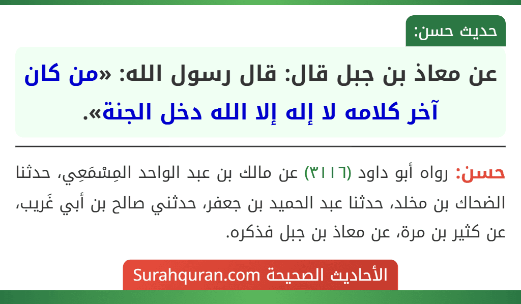 عن معاذ بن جبل قال: قال رسول الله: «من كان آخر كلامه لا إله إلا الله دخل الجنة».