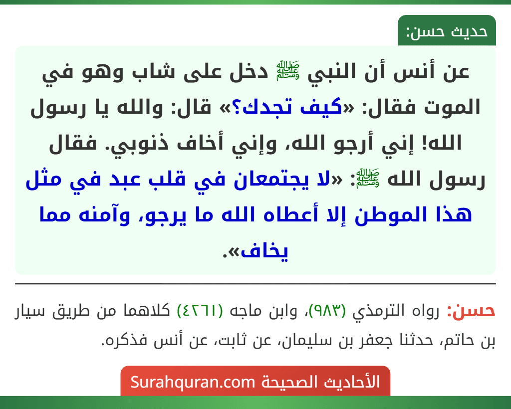 عن أنس أن النبي ﷺ دخل على شاب وهو في الموت فقال: «كيف تجدك؟» قال: والله يا رسول الله! إني أرجو الله، وإني أخاف ذنوبي. فقال رسول الله ﷺ: «لا يجتمعان في قلب عبد في مثل هذا الموطن إلا أعطاه الله ما يرجو، وآمنه مما يخاف».