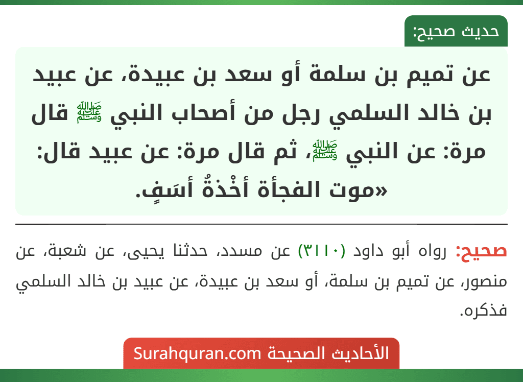 عن تميم بن سلمة أو سعد بن عبيدة، عن عبيد بن خالد السلمي رجل من أصحاب النبي ﷺ قال مرة: عن النبي ﷺ، ثم قال مرة: عن عبيد قال: «موت الفجأة أخْذةُ أسَفٍ.