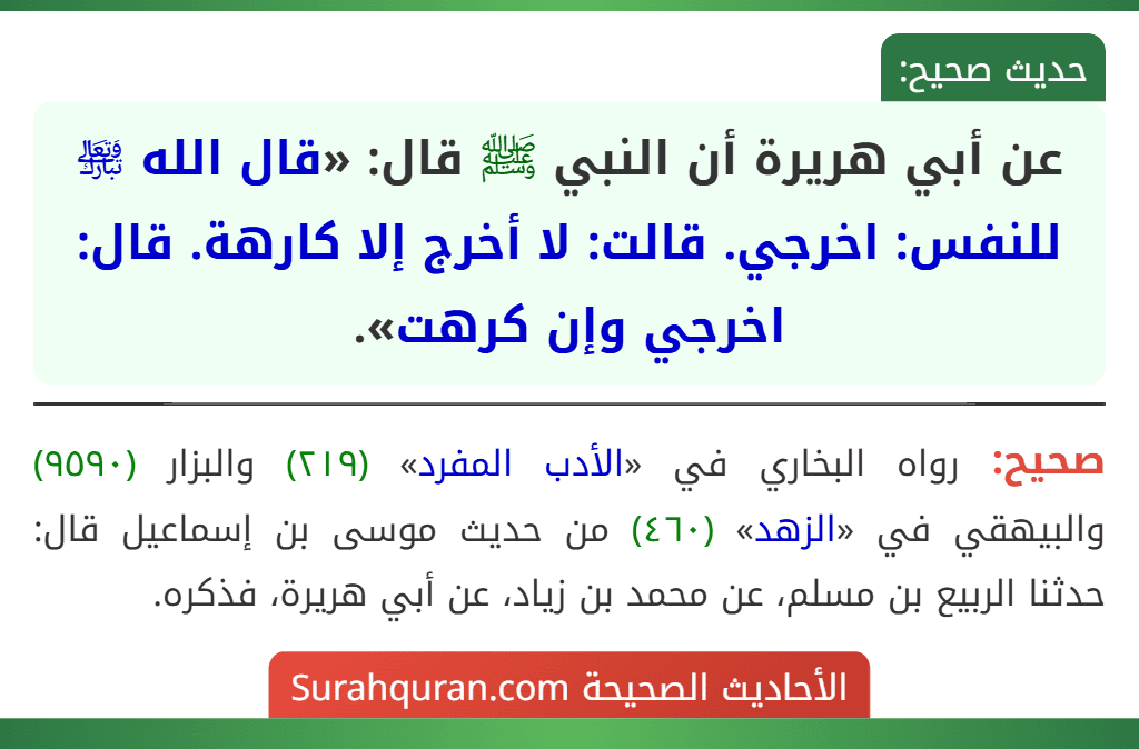 عن أبي هريرة أن النبي ﷺ قال: «قال الله ﵎ للنفس: اخرجي. قالت: لا أخرج إلا كارهة. قال: اخرجي وإن كرهت».
