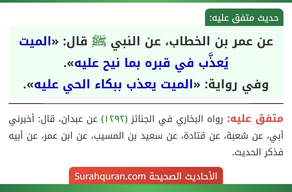 عن عمر بن الخطاب، عن النبي ﷺ قال: «الميت يُعذَّب في قبره بما نيح عليه».
وفي رواية: «الميت يعذب ببكاء الحي عليه».