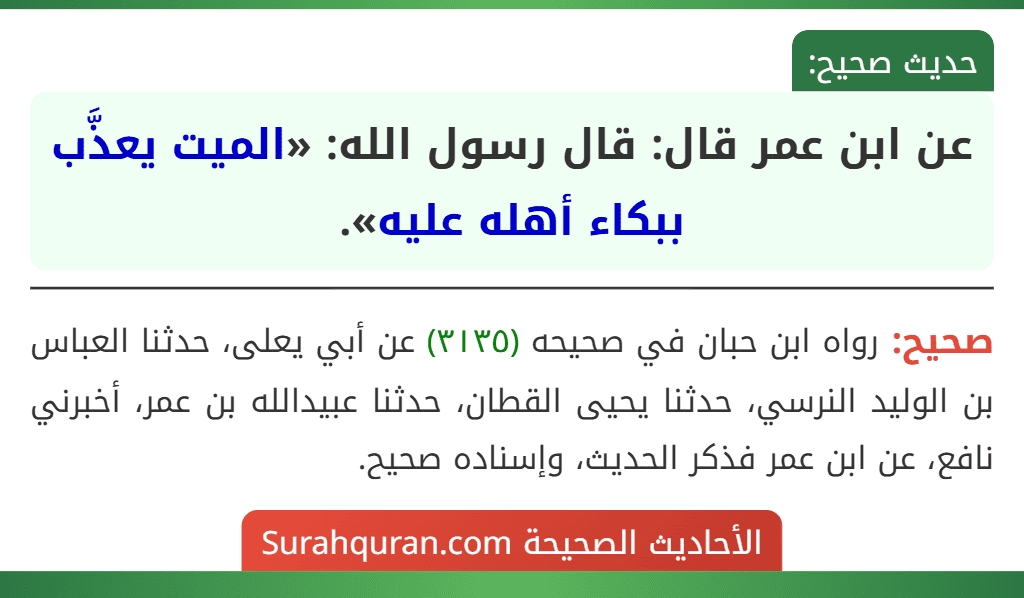 عن ابن عمر قال: قال رسول الله: «الميت يعذَّب ببكاء أهله عليه».