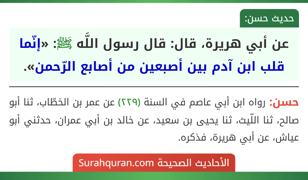عن أبي هريرة، قال: قال رسول اللَّه ﷺ: «إنّما قلب ابن آدم بين أصبعين من أصابع الرّحمن».