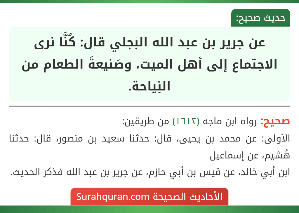 عن جرير بن عبد الله البجلي قال: كُنَّا نرى الاجتماع إلى أهل الميت، وصَنيعةَ الطعام من النِياحة.