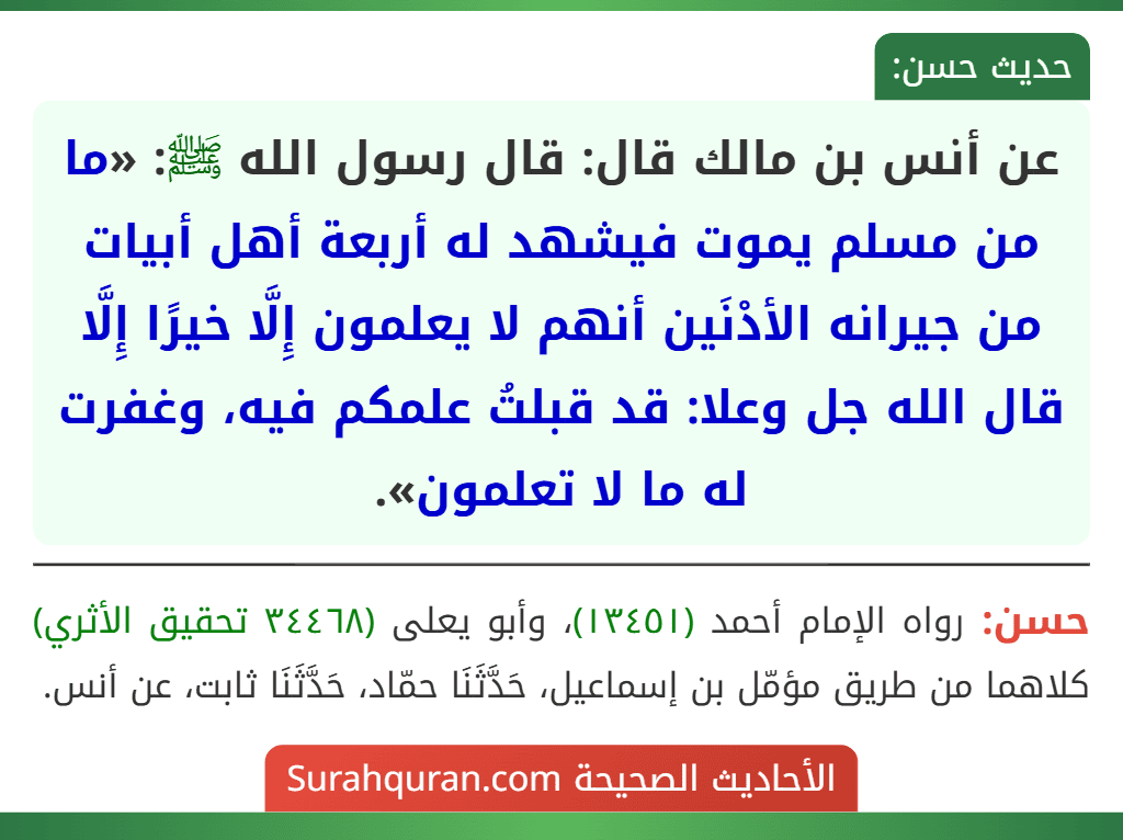 عن أنس بن مالك قال: قال رسول الله ﷺ: «ما من مسلم يموت فيشهد له أربعة أهل أبيات من جيرانه الأدْنَين أنهم لا يعلمون إِلَّا خيرًا إِلَّا قال الله جل وعلا: قد قبلتُ علمكم فيه، وغفرت له ما لا تعلمون».