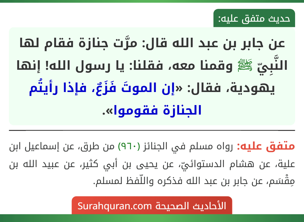 عن جابر بن عبد الله قال: مرَّت جنازة فقام لها النَّبِيّ ﷺ وقمنا معه، فقلنا: يا رسول الله! إنها يهودية، فقال: «إن الموتَ فَزَعٌ، فإذا رأيتُم الجنازة فقوموا».
