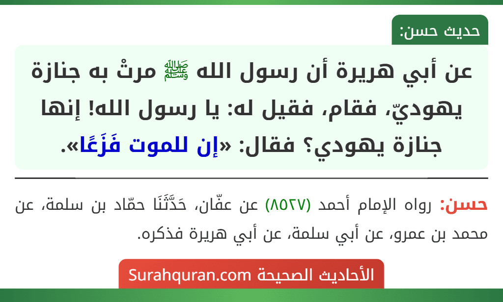 عن أبي هريرة أن رسول الله ﷺ مرتْ به جنازة يهوديّ، فقام، فقيل له: يا رسول الله! إنها جنازة يهودي؟ فقال: «إن للموت فَزَعًا».